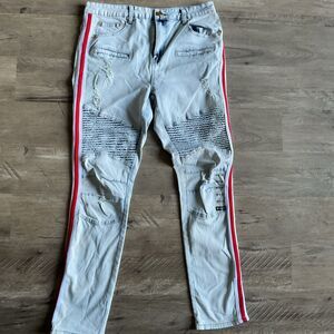 Argonaut Nation Jeans 36x32 Distressed Moto Biker Denim Red White Stripe Men’s